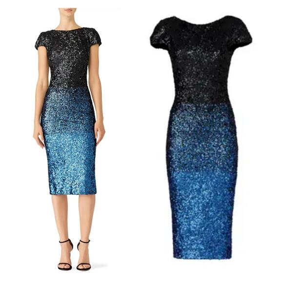 DRESS THE POPULATION Marcella Sequin Midi Sheath Dress Blue Black Size XS